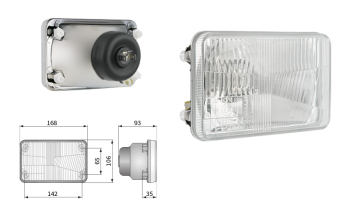 Inserție far, tip H4, încorporabil, orificiu suport 142x65 (lumini: fază lungă, fază scurtă, poziție)