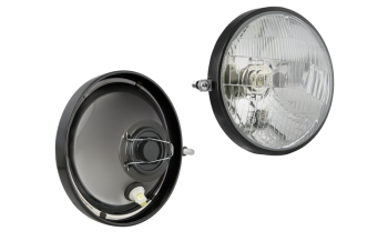 Inserție far, tip H4, încorporabil, cu ramă metalică - stânga (lumini: fază lungă, fază scurtă, poziție)