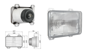 Inserție far, tip H4, încorporabil, orificiu suport 106x118 (lumini: fază lungă, fază scurtă)